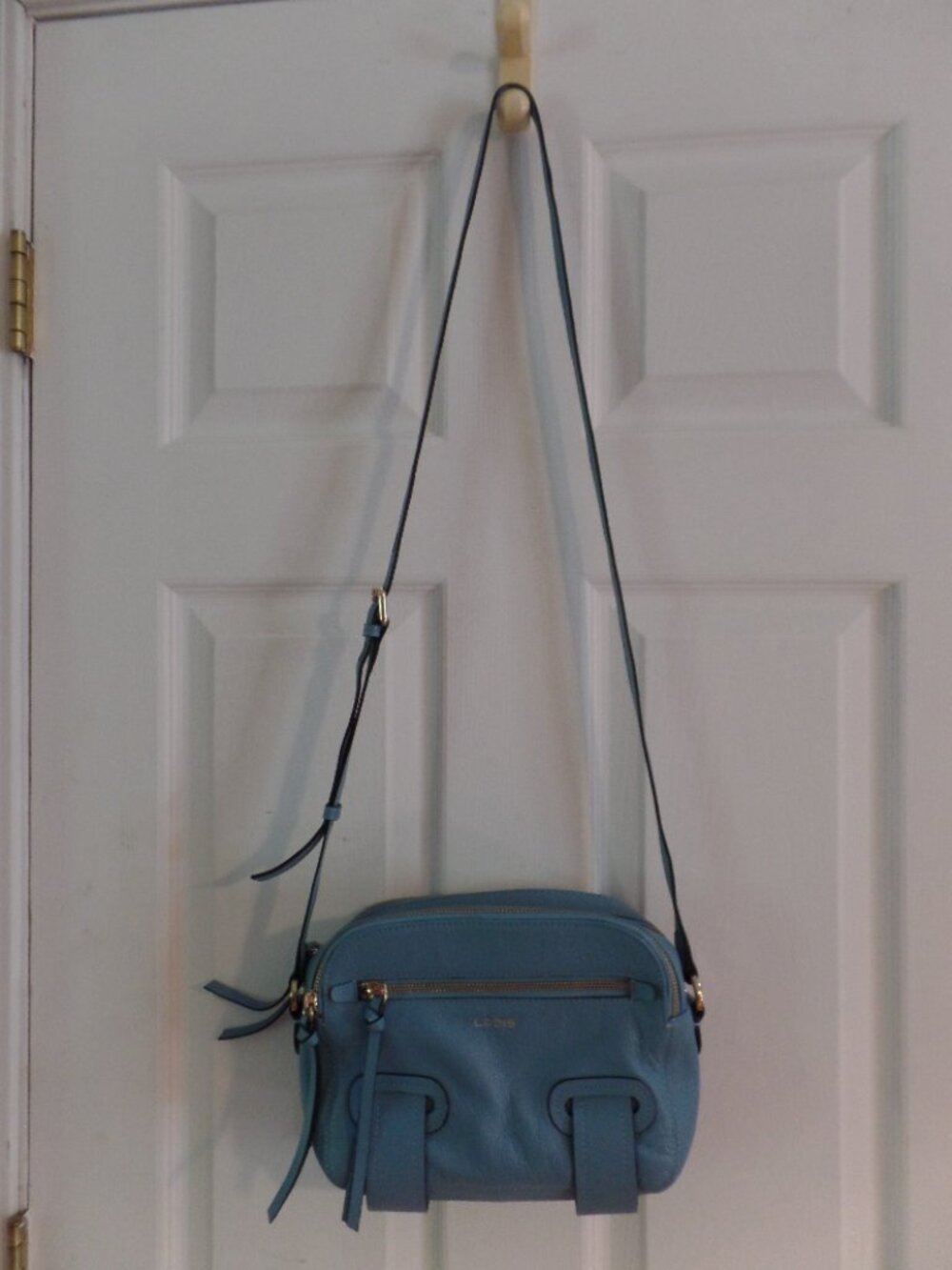 LODIS Leather * Morgan Camera * Crossbody Blue Pebbled Leather Bag Gold Hardware